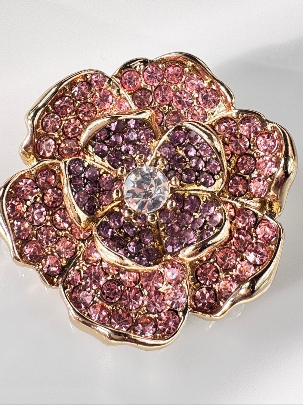 Gold-Tone Pink Crystal Flower Brooch - Sparkling Floral Brooch